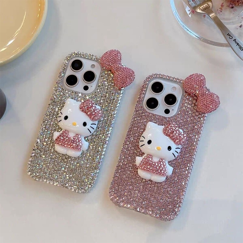 Full Diamond Kt Cat Bowknot Phone Case Suitable for iPhone 17 Pro, Apple 16, Rhinestone 14 Plus, High-End Feel 15