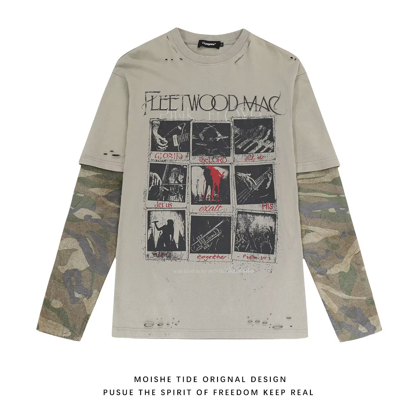 Other Fleetwood Mac Distressed Camouflage Faux Two-Piece T-shirt Gray