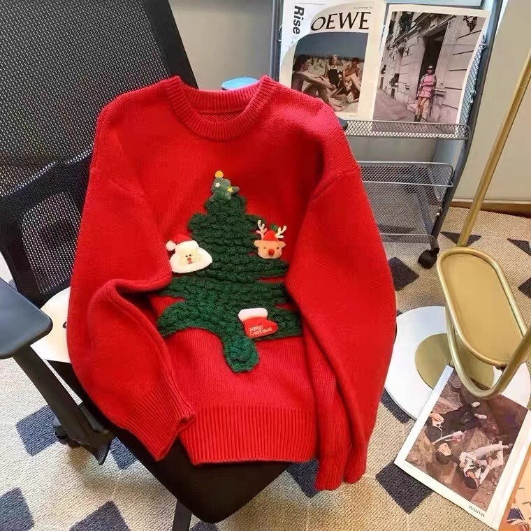 Christmas Tree New Year Red Sweater Jacket Women's Design Autumn and Winter 2025 New Thickeneded Loose Knitted Top