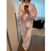 韩系甜美少女粉色条纹睡衣女春秋新款大码开衫长裤居家套装可外穿