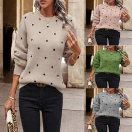 跨境亚马逊2025长袖套头衣服秋季女波点提花针织衫上衣跨境亚马逊
