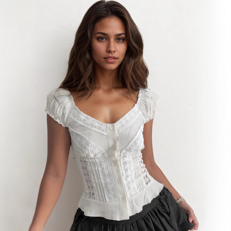French-Style Girly Solid Color Lace Patchwork Puff Sleeve Shirt, New Cross-Border V-Neck Slim-Fit Short Waist-Cinching Top