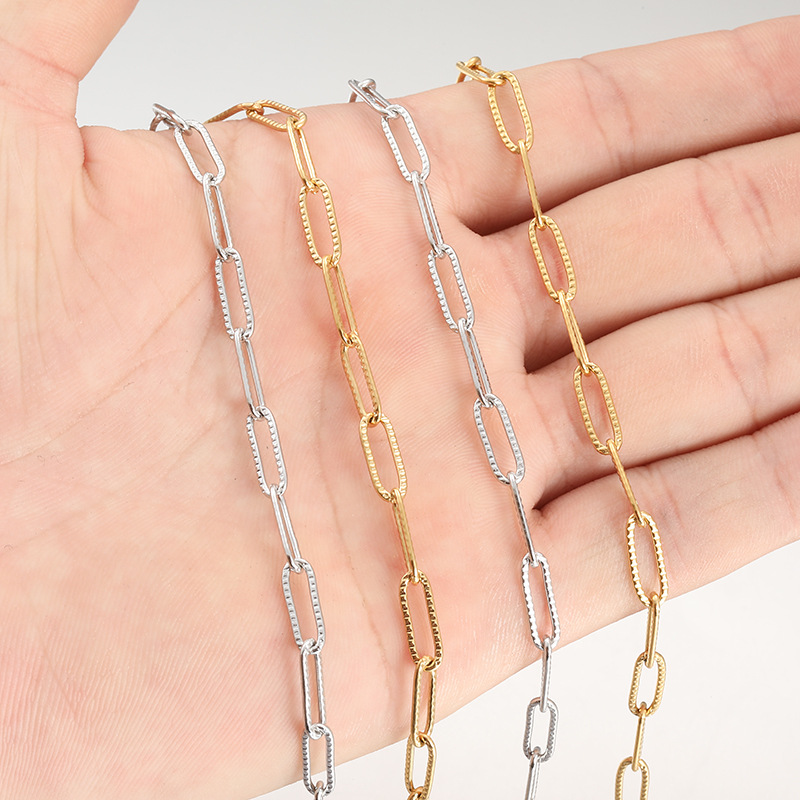 真空電鍍18k金 不鏽鋼壓花焊口長O字鏈壓痕長形鏈條DIY飾品配鏈