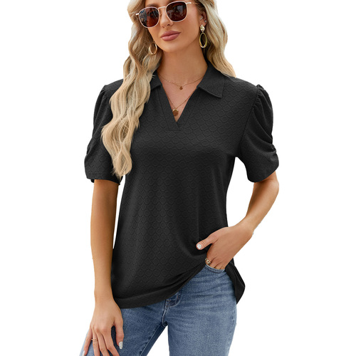 Amazon European and American cross-border foreign trade 2024 spring and summer new solid color V-neck short-sleeved loose T-shirt top for women