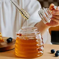 Готовые поставки высокоборосиликатных стеклянных банок для меда, кухонных стеклянных банок для хранения с крышкой и палочкой для перемешивания.