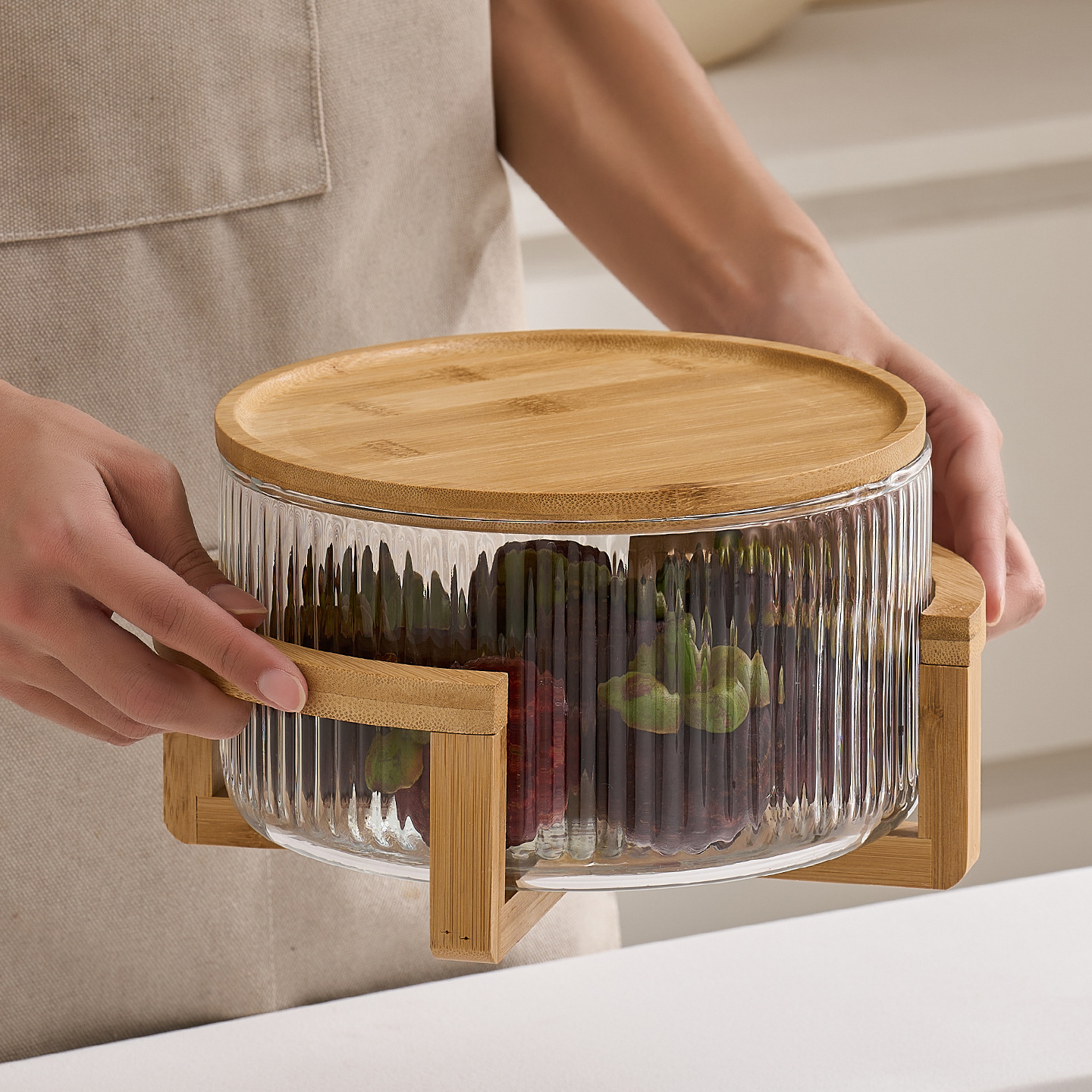 Resistente al calor y frío de estilo japonés, vidrio vertical de bambú, marco de madera, ensalada de frutas, paneles de exhibición, restaurantes, picnic al aire libre, fotos image 4