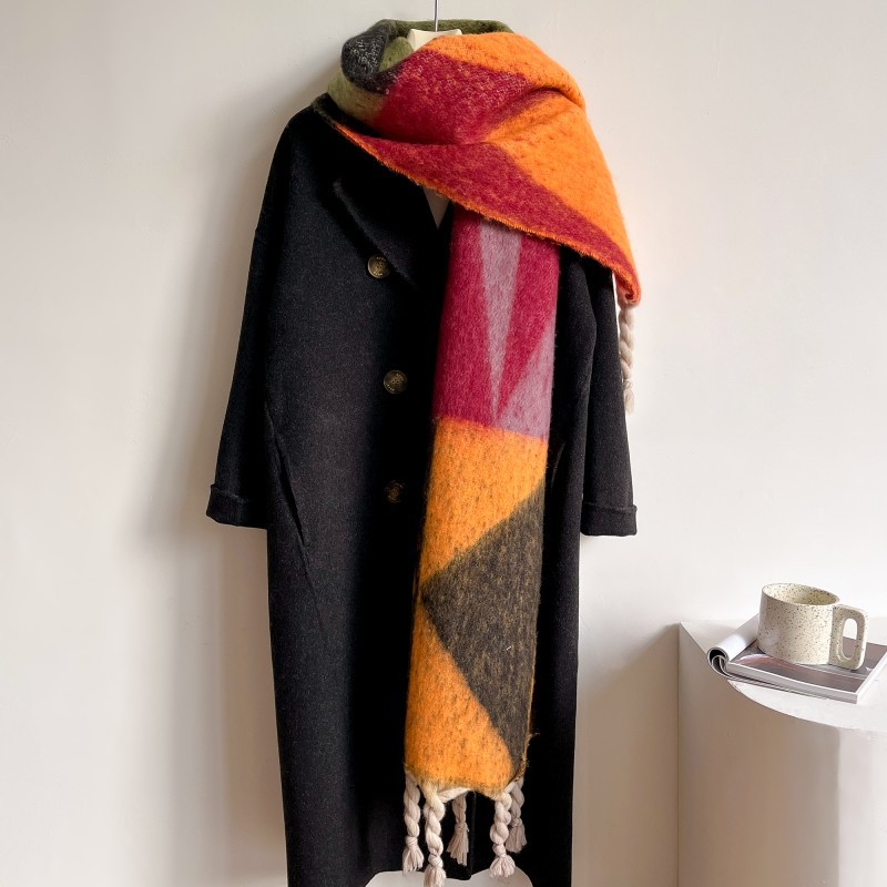 2023 europea y americana geométrica gradiente mohair largo borla chal otoño e invierno nuevo engrosada Cachemira-como bufanda caliente