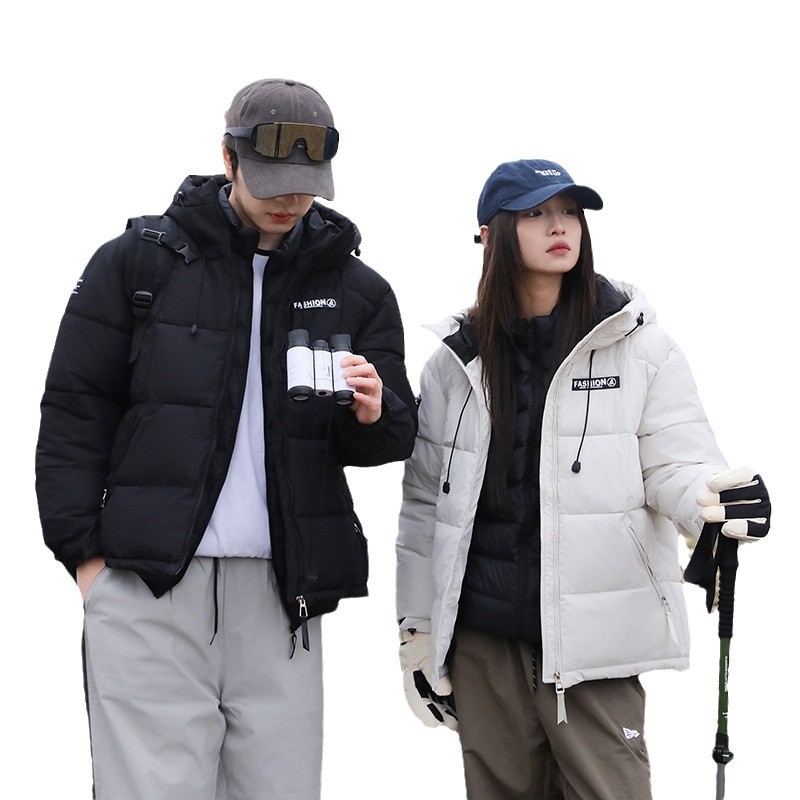 Hombres y mujeres parejas encapuchadas cortas chaqueta de algodón de pluma nueva moda de invierno calentamiento al aire libre deportivo grueso chaqueta de algodón