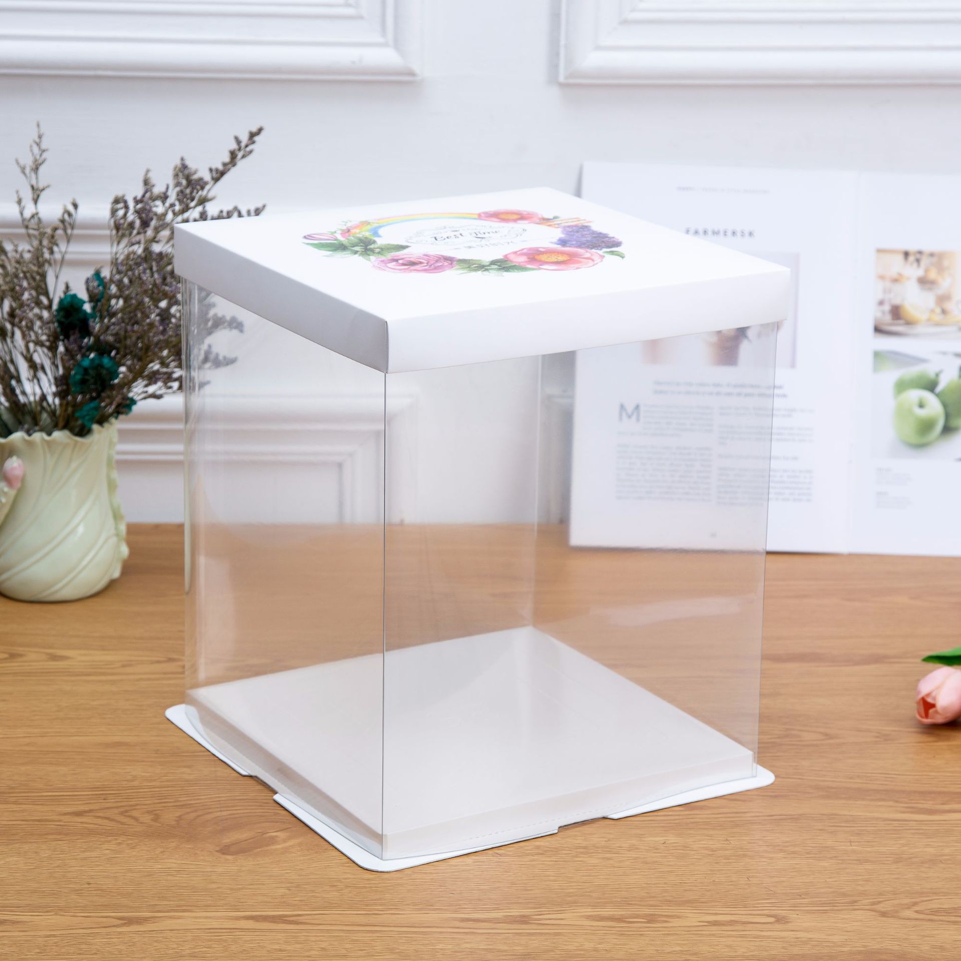 厂家直供纯色烘焙盒全透明可视蛋糕盒生日周年派对包装盒定制LOGO