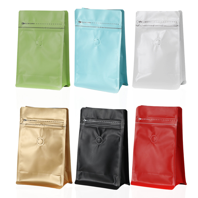 Válvula de escape unidireccional bolsa de frijoles de café 1/4 libra de color de papel de aluminio bolsa de pie en stock cremallera lateral bolsa de café de sellado de ocho lados