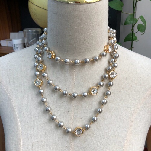 Medieval palace style real gold plated faceted glass pendant necklace sweater chain gray glass pearl long short necklace