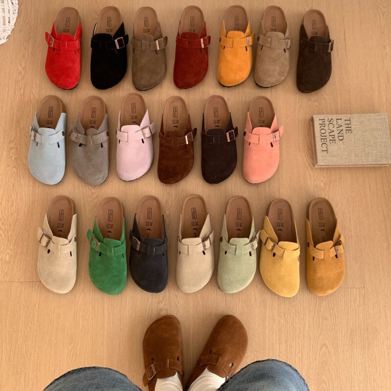 Thick-Soled, Popular, Comfortable Birkenstock Shoes for Women, Versatile Cork Flat Fishing Sandals, Genuine Leather Closed-Toe Half Slippers