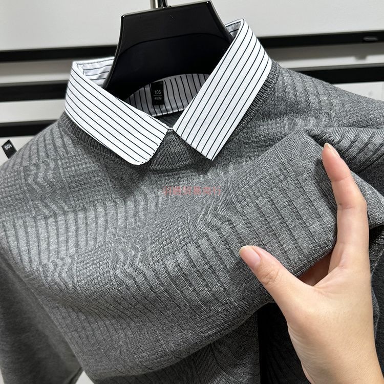 高端衬衫领假两件毛衣男秋冬季加绒加厚针织打底衫男士纯色内搭
