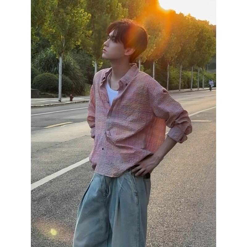 Summer Pink Plaid Loose Short-Sleeved Shirt Dopamine Wear Casual Shirt Jacket Thin Couple Top Trendy