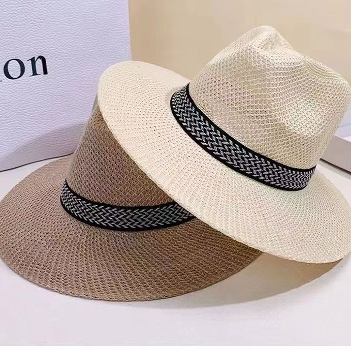 Summer Lafite Woven Straw Hat Cross-border Retro Jazz Hat Men's and Women's Seaside Surfing Foldable Sunscreen Hat Wholesale