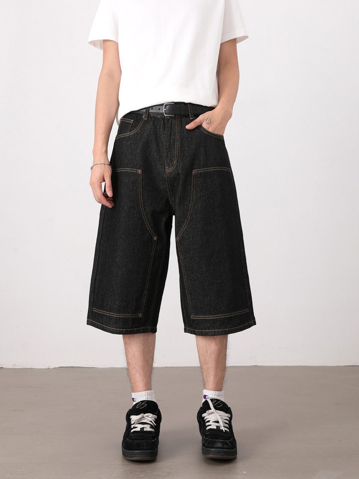 Quần jean nam ống suông rộng lửng giặt mài phong cách retro — Denim đen, Xanh nhạt, Xanh đậm