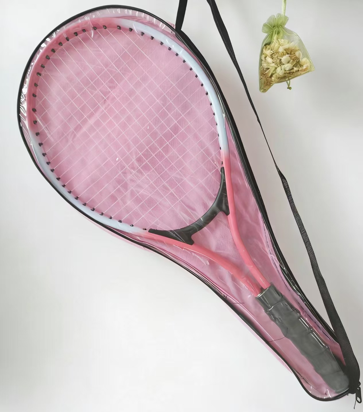 Children's pink and white tennis racket + pink racket bag