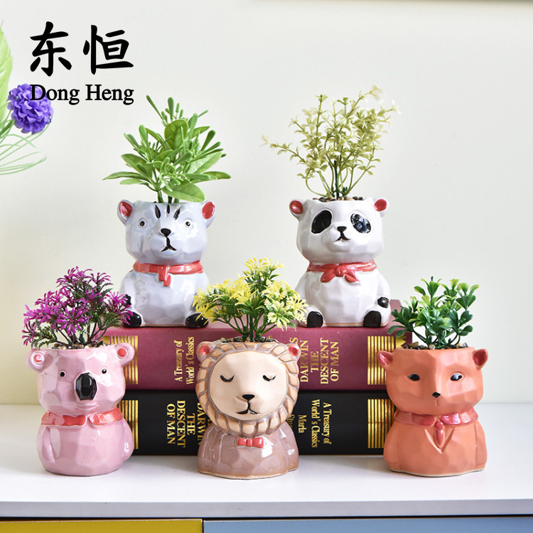 东恒 新款简约户外跨境园艺熊猫陶瓷动物花盆盆栽摆件狐狸花盆