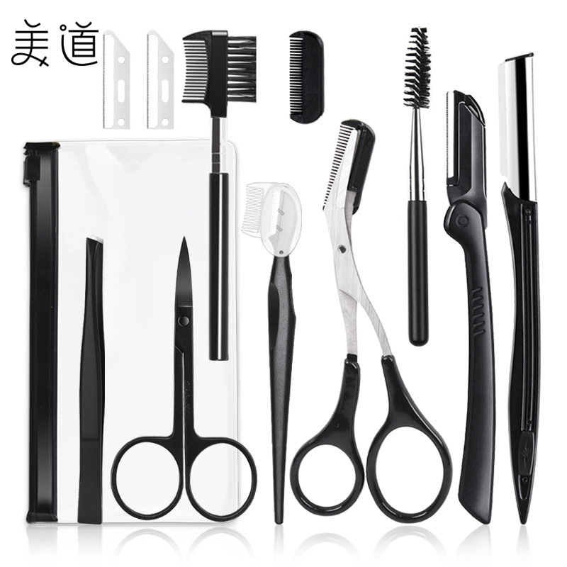 Wholesale Black Stainless Steel Eyebrow Tweezers, Small Scissors, Eyebrow Razor, Zipper Set, Eyebrow Comb, Eyebrow Brush, Eyebrow Trimming Scissors Tools