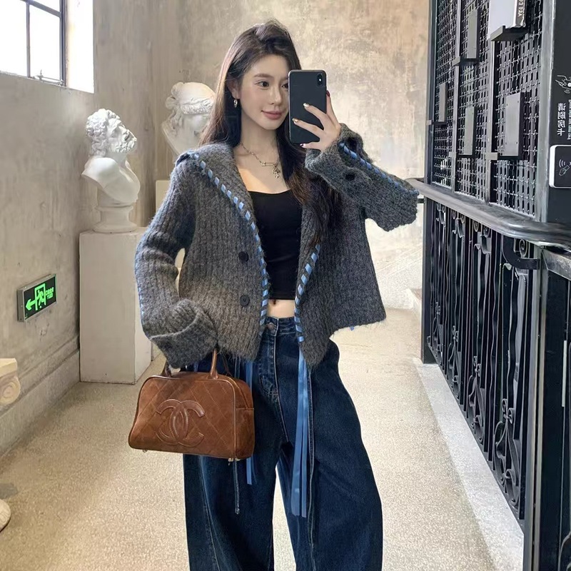 高级羊毛毛衣大翻领短款外套慵懒风针织开衫女|undefined