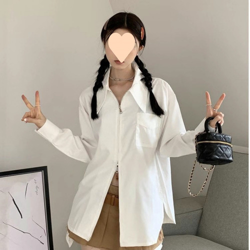 French-lace white long-sleeve autumn shirt with loose design for a slimming effect, unique and distinctive unisex top