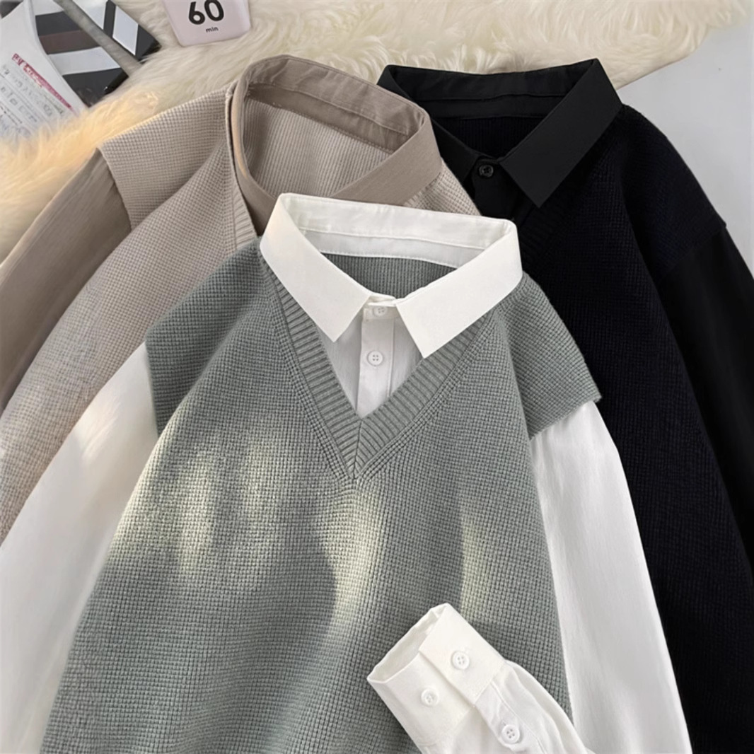 Japanese fake two-piece long-sleeved shirt men's spring and autumn trend inside knitted sweater academic style shirt a generation of hair