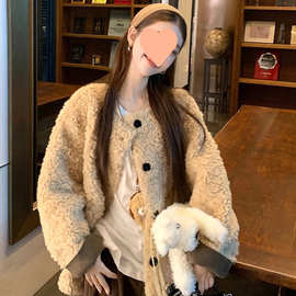 秋冬独特超好看今年流行漂亮韩系慵懒小香风羊羔毛加绒短款厚外套