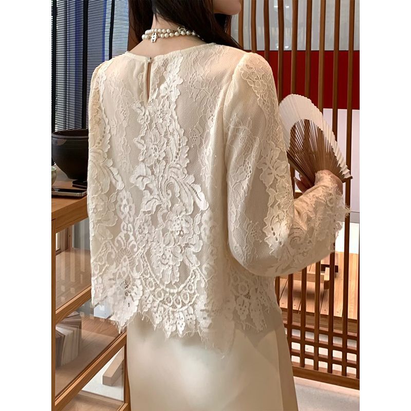 French Heavy Lace Long-Sleeved Shirt Women's Bottoming Top Blouse Spring New Popular Chenille Spandex Others