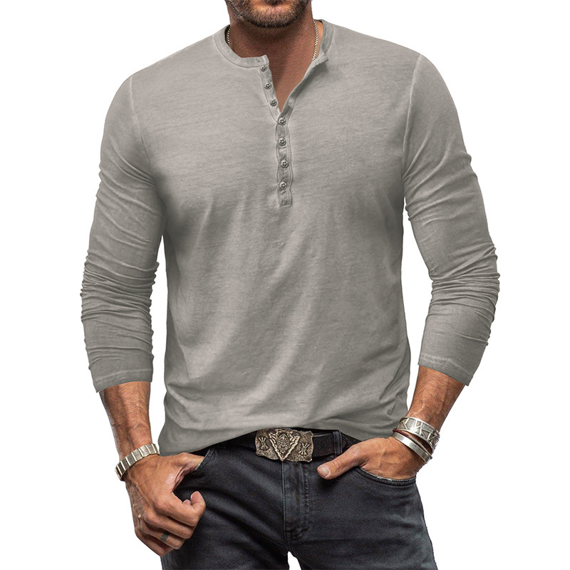 European and American men's distressed Henry shirt retro long sleeve T-shirt cross-border men's button washed distressed V-neck T-shirt top