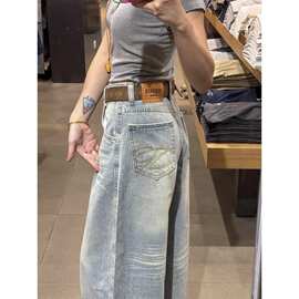 复古港风牛仔裤女秋冬新款超火刺绣宽松休闲弯刀裤显瘦百搭拖地裤