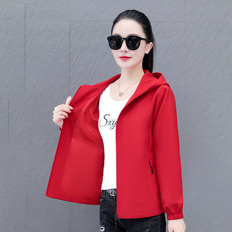 Cross-Border Wholesale Short Outwear for Women Spring and Autumn 2024 New One-Piece Drop Shipping Hooded Short Jacket Chinese Red Outwear