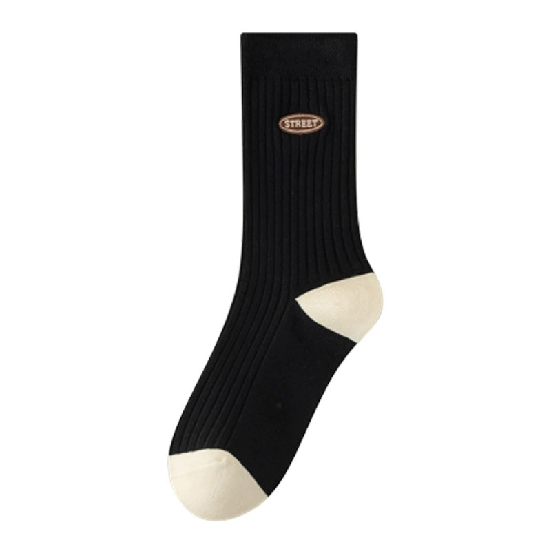 春秋季棉袜黑白条纹女士袜子防臭透气长袜棉吸汗诸暨中筒堆堆袜