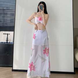 纯欲花朵抹胸比基尼女夏季性感辣水色调海边度假泳衣高档涤纶9187