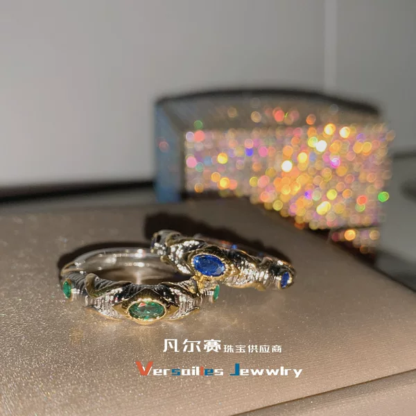 Versa original Italian buchila Lanbao couple ring woven carved gold micro inlaid Emerald zircon ring