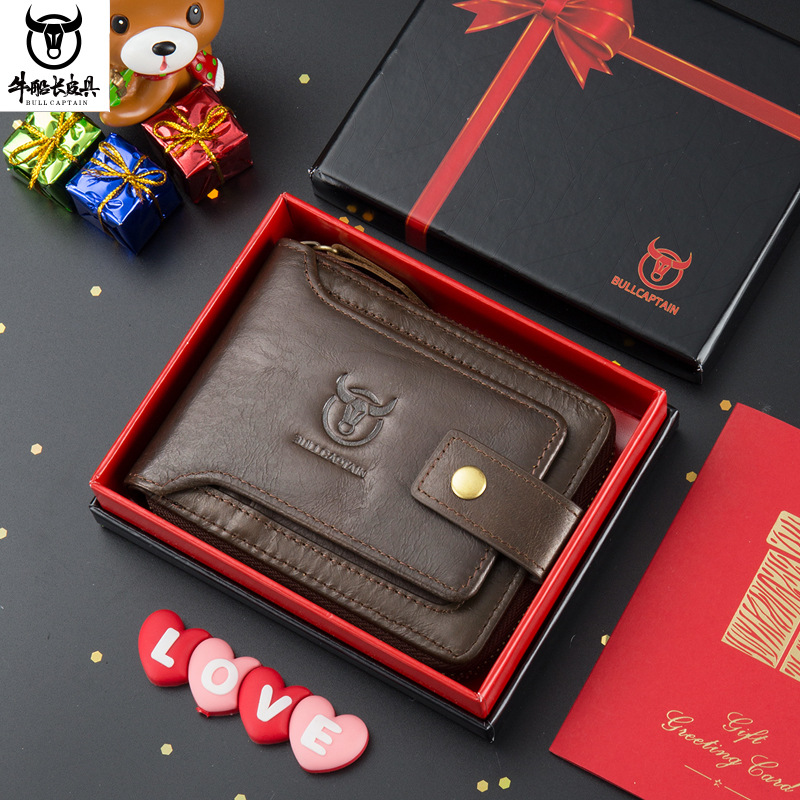 La primera capa del capitán Niu billetera con cremallera de piel de vaca horizontal de cuero genuino Licencia de Conducir multi-Tarjeta engrosada álbum antirrobo Cartera de cepillo