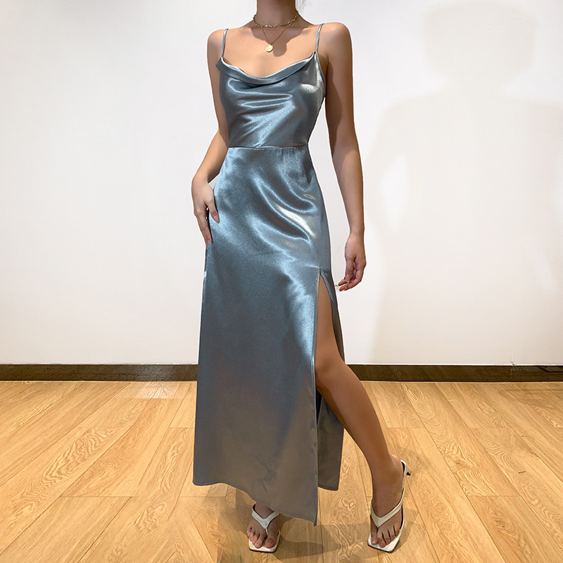 solid color satin slit slip dress  NSAFS114465