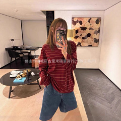 2025年秋季新款小众复古拼色字母贴布刺绣条纹宽松T恤女百搭上衣