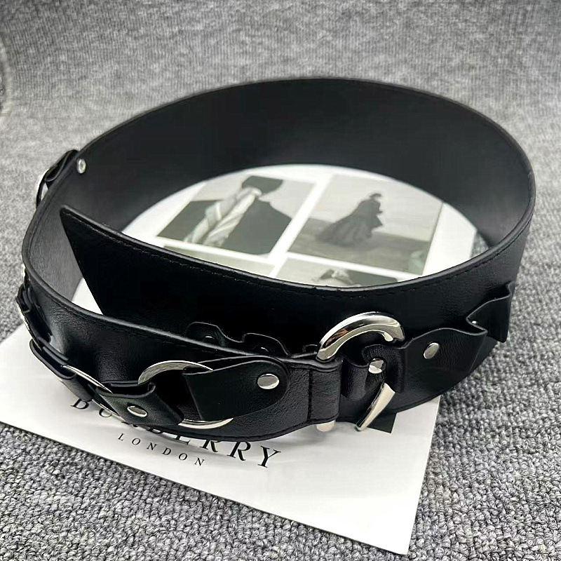 ストリート個性ブラックレザーガードルインレトロメタルバックルステッチ甘くてクールなホットガールベルトアクセサリーベルト|undefined