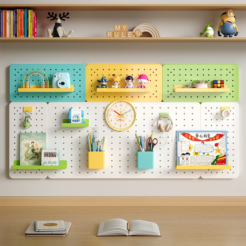 Escritorio, agujero, tablero, estante, tablero de exhibición de pared, estante de almacenamiento sin perforación de metal, estante para colgar en la pared