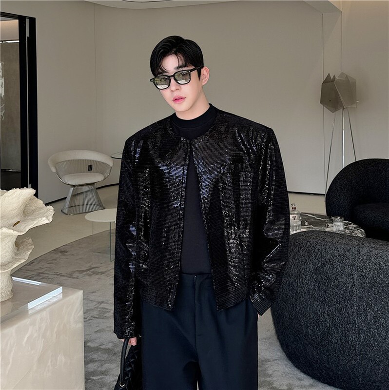 Fried Street Fashion Flash Sequin Crewneck Short Small Suit Men's Sparkling Bead Jacket Windbreaker Jacket Wind Jacket Concert