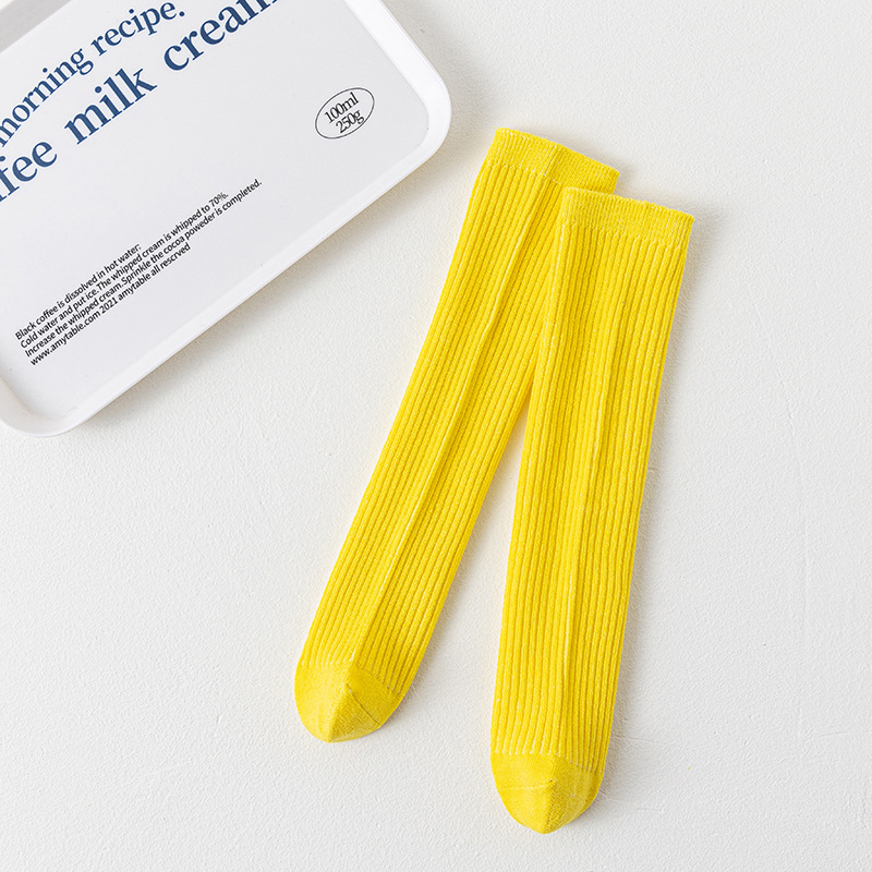 Calcetines de baile infantiles de colores brillantes, calcetines largos de color sólido para niños y niñas, calcetines hasta la pantorrilla de doble aguja, calcetines largos rectos al por mayor.