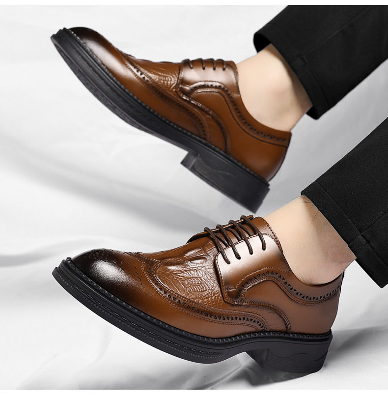 Giày da nam công sở da bò vân cá sấu mũi nhọn kiểu Brogue tăng chiều cao — Nâu công sở, Đen thời trang chi tiết 20