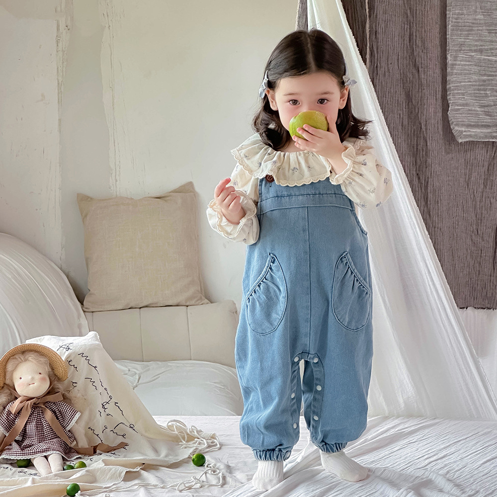Ropa de bebé 2024 otoño camisa de solapa fresca mono de mezclilla traje de dos piezas de manga larga para bebé