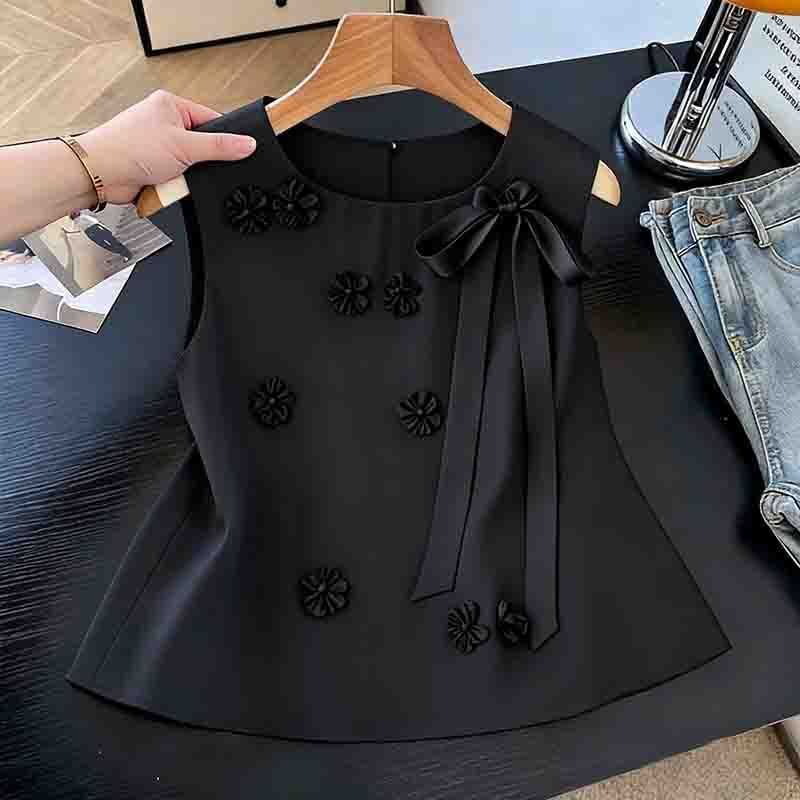 Korean-Style High-End Elegant Black Round-Neck Sleeveless Shirt for Women, Super Stylish in Spring, Light Luxury Bow-Knot Floral Top