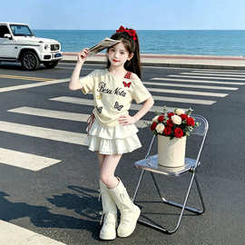 女童套装夏季2026新款洋气儿童装露肩短袖甜美蛋糕裙两件套中大童