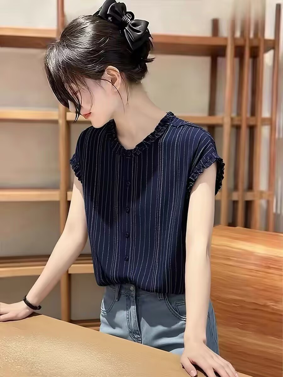 Áo sơ mi nữ ngắn tay sọc kẻ, cổ bẻ tay ngắn, phong cách công sở — Sọc Tây Tạng