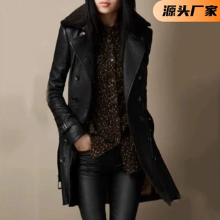 跨境外贸女士外套英伦风加厚毛领中长款皮衣机车风皮革夹克女外套