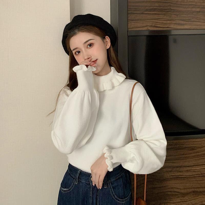 Christmas Lace High Neck Base Knitwear Women's 2021 Autumn New Korean Style Loose Puff Sleeve Pullover Sweater Christmas Lace High Neck Base Knitwear Women's 2021 Autumn New Korean Style Loose Puff Sleeve Pullover Sweater