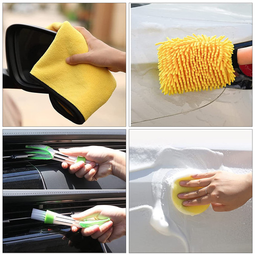 Yellow Car Detail Brush Gloves Waxing Pads Tire Interior Air Conditioner Electric Cleaning Brush Set with Storage Bag