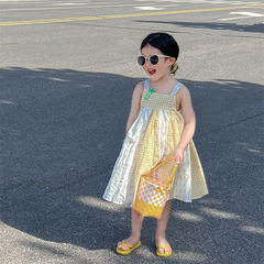 2023新款韓版童裝夏季女童黃色碎花格子大擺吊帶洋氣公主背心裙潮